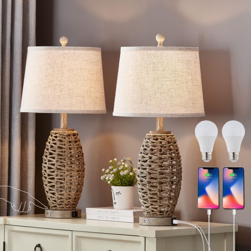 Oatmeal Shade Table Lamp Set with Woven Bases & USB
