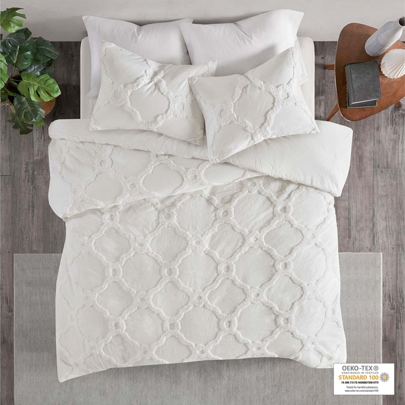 Off-White Cotton Duvet Cover Set with Chenille Geometric Tufting