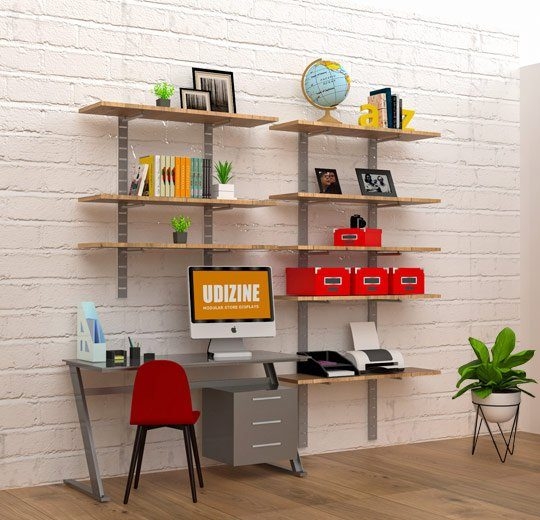 Office System Minimalist Blonde Wood and Glass Slat Wall Workspace