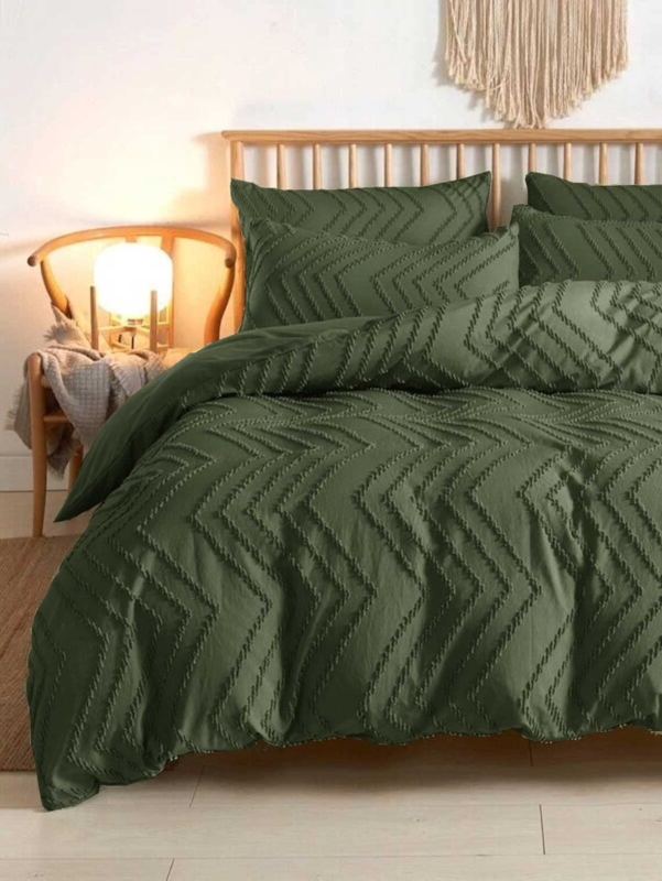 Olive Green Tufted Geometric Duvet Cover Set Boho Bedroom Styling