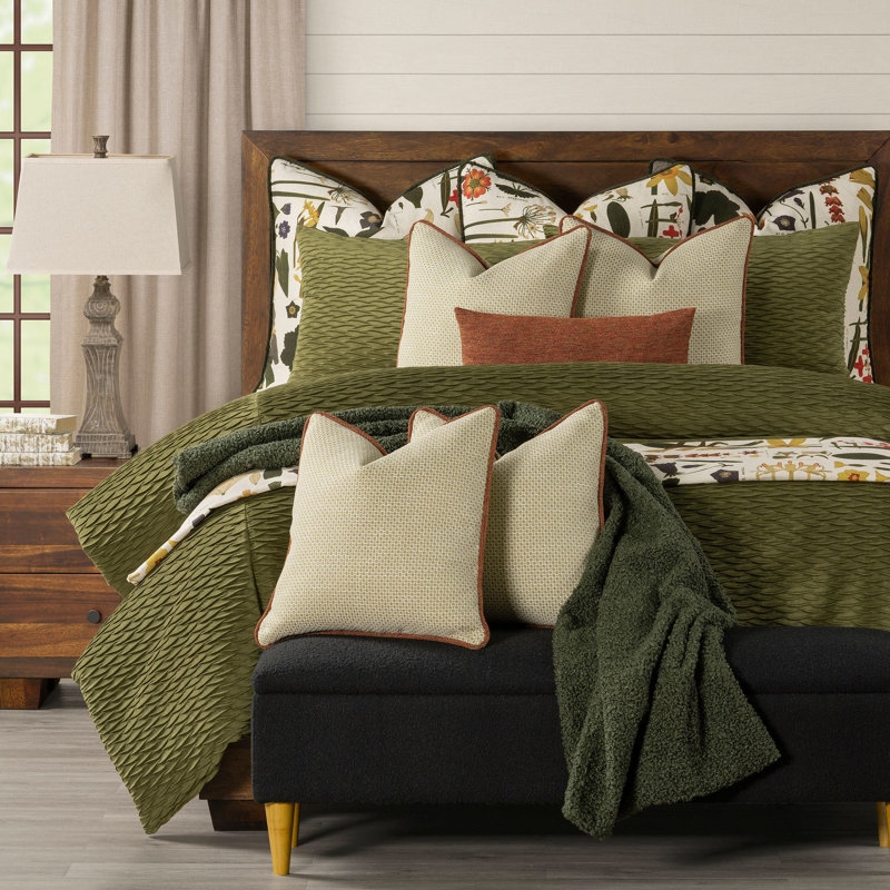 Olive Green Velvet Duvet Cover Set Pleated Pintuck Texture Glam