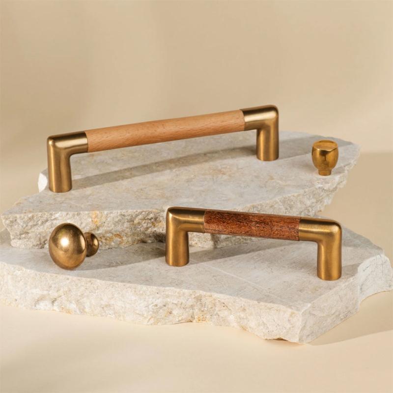 Organic Cabinet Pull Cylindrical Wood & Brass Bar
