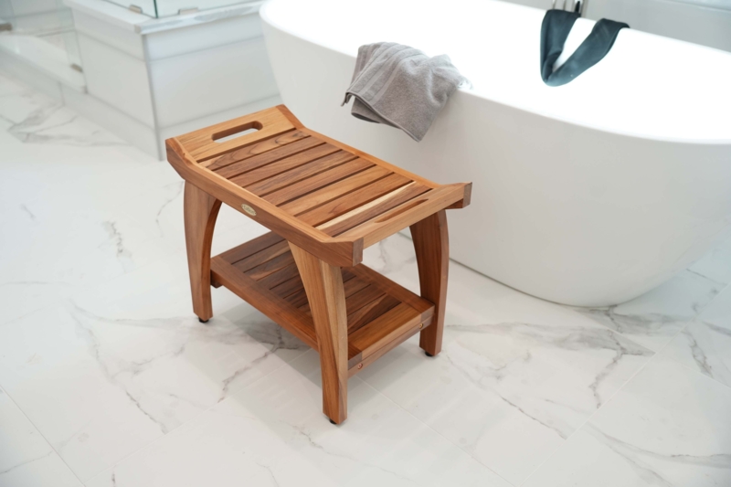 Organic Modern Shower Bench with Flared Seat Edges and Slatted Shelf