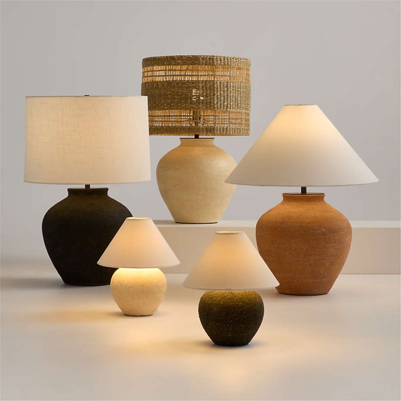 Organic Modern Table Lamp Pair: Ribbed Stone-Like Base, Linen Shade