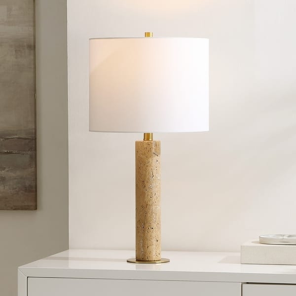 Organic Modern Table Lamp Travertine Geometric Base White Shade