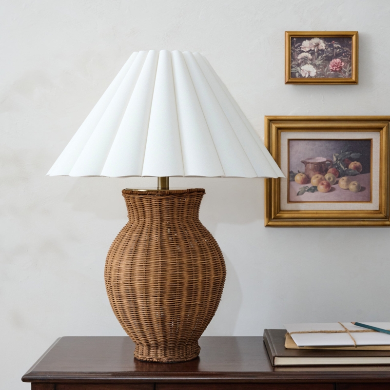 Organic Modern Table Lamp with Woven Base & Tapered Shade