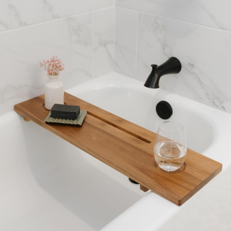 Organic Modern Wood Bathtub Tray with Tablet Holder