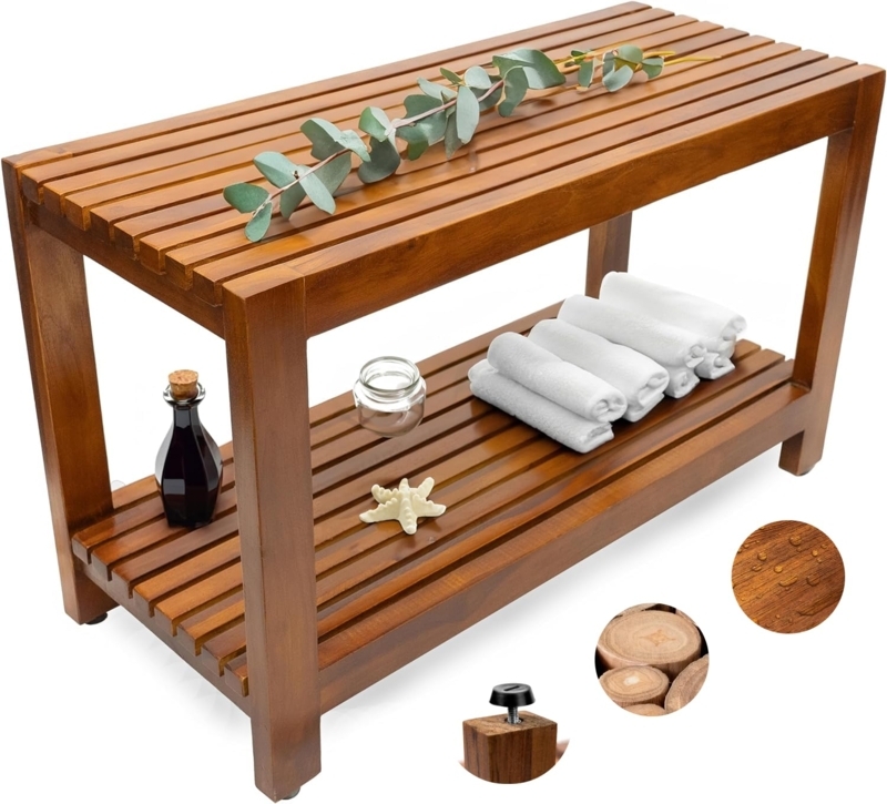 Organic Modern Wood Shower Bench seen on Pebble Floor