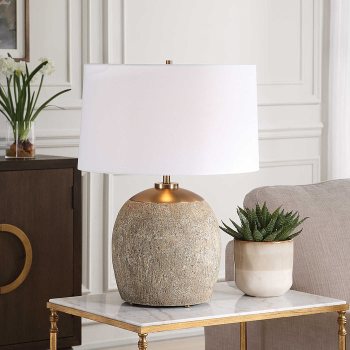Organic Pitted Stone Table Lamp with Linen Drum Shade