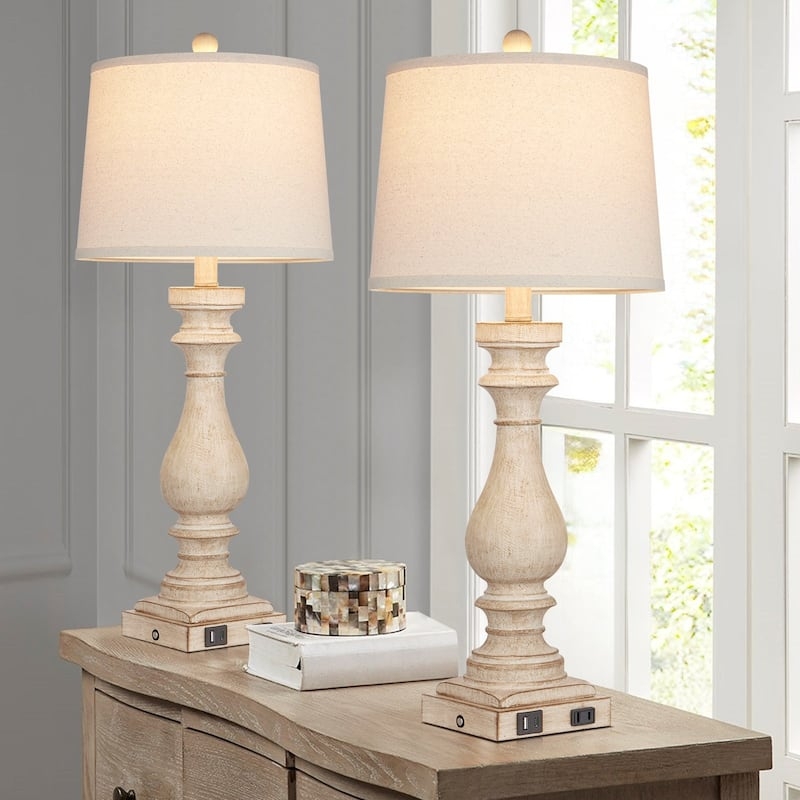 Ornate Beige Lamp Set with Acanthus Leaf Carvings and Distressed.