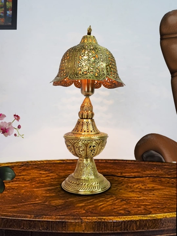 Ornate Brass Table Lamp, Hand Carved Pedestal Base, Tapered Shade.