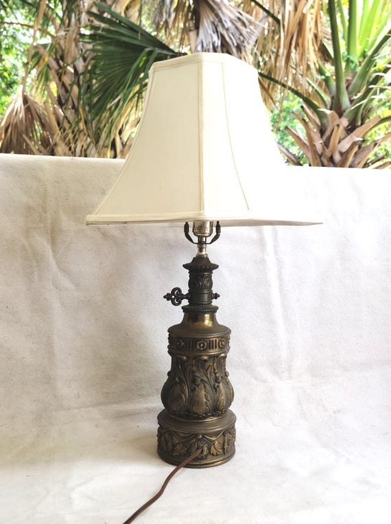 Ornate Bronze Table Lamp, Cast Metal Lion Head Pedestal Base.