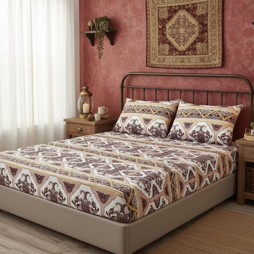 Ornate Oriental Fitted Sheet Set Kilim Pattern Burgundy