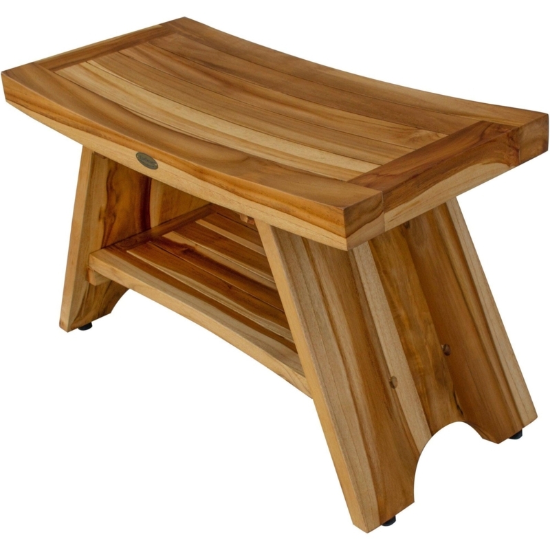 Outdoor Garden Shower Bench with Concave Seat and Slatted Shelf