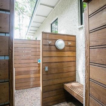 Outdoor Shower Tropical Design Gold Toned Fixtures Rainfall Head