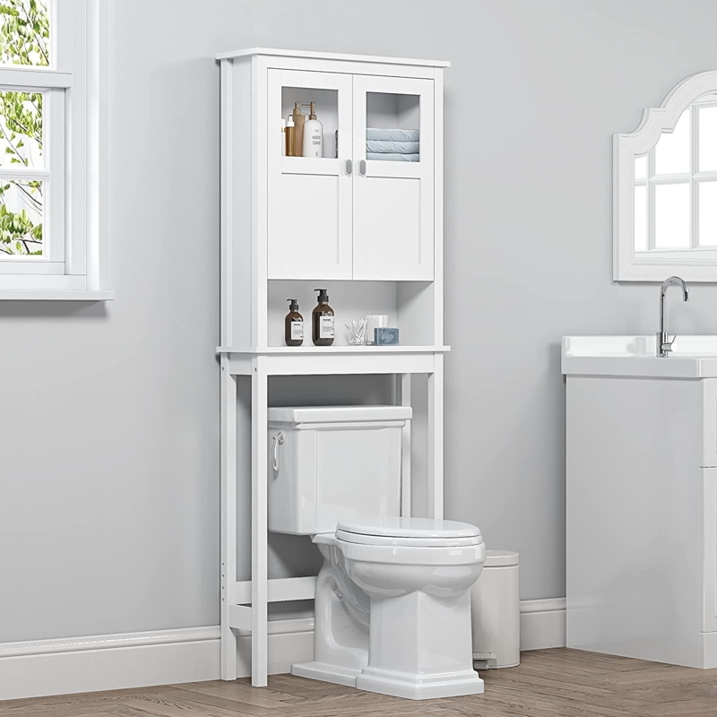 Over-The-Toilet Cabinet featuring Mullion Glass Doors and Open Shelf