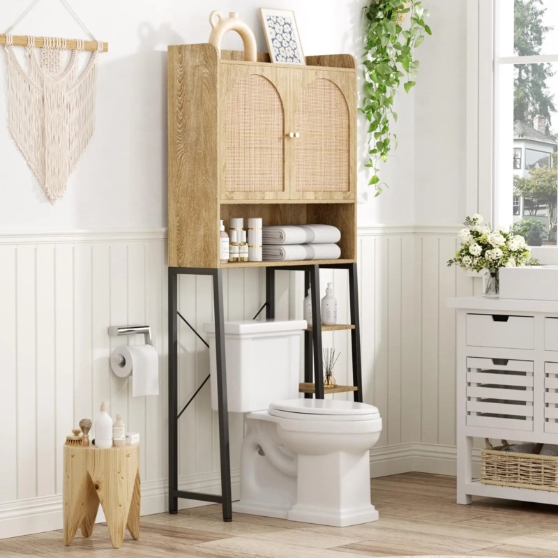 Over The Toilet Cabinet Rattan Doors Black Metal Frame Boho Bathroom