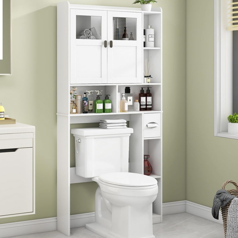 Over The Toilet Cabinet White Frosted Glass Doors Bathroom Organization