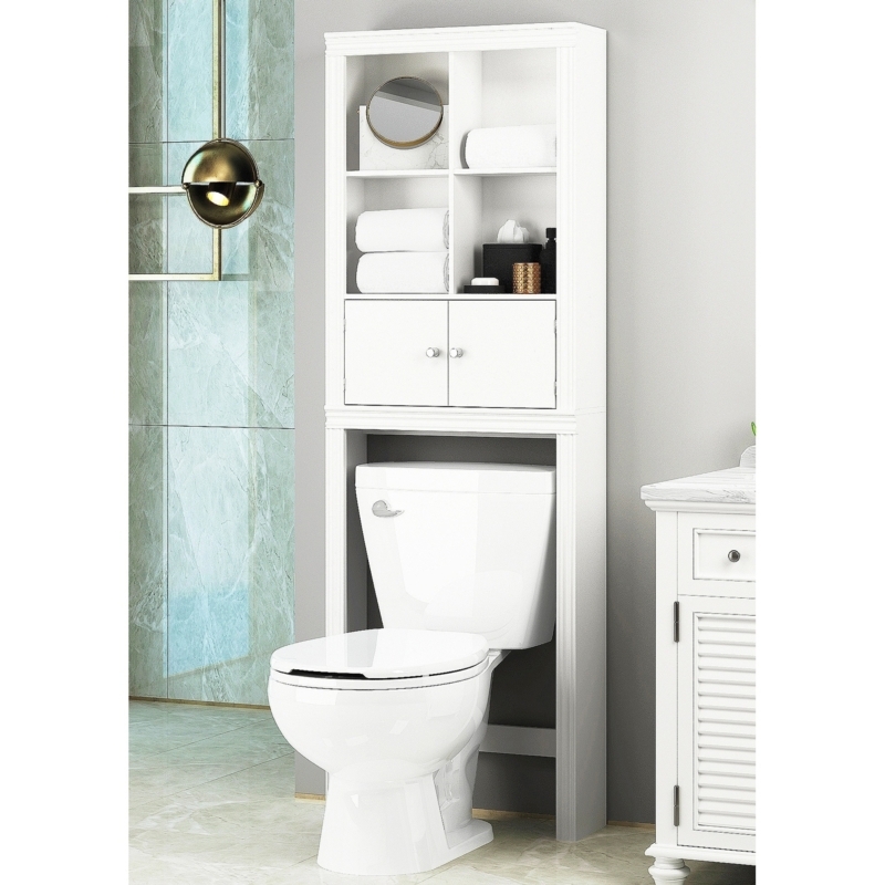 Over The Toilet Cabinet White Louvered Doors Four Cubby Coastal