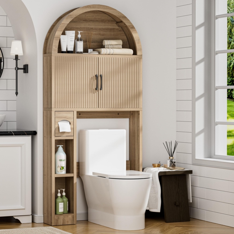 Over The Toilet Storage: Arched Wood Cabinet with Mesh Doors