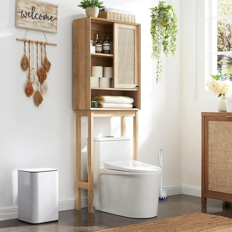 Over The Toilet Storage: Boho Farmhouse Rattan Door Cabinet