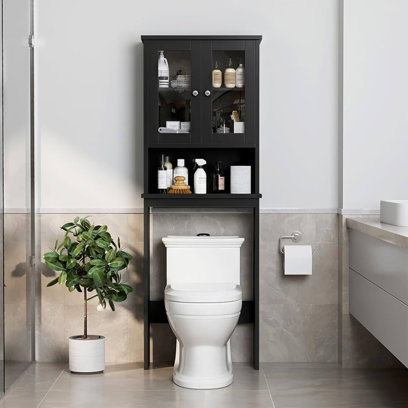 Over-The-Toilet Storage Cabinet with Tempered Glass Doors, Black Finish.