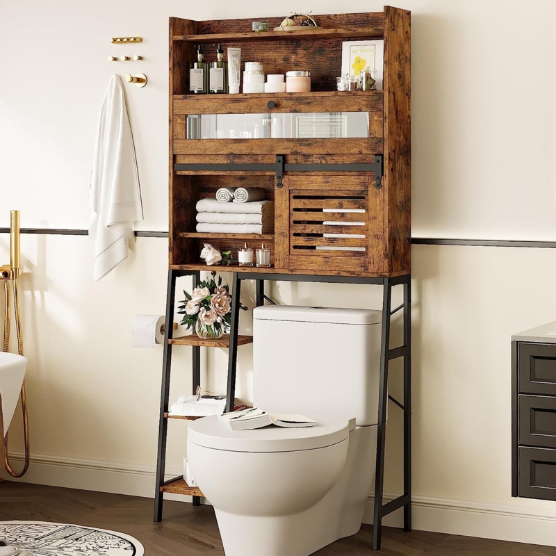 Over The Toilet Storage: Industrial Vintage Brown Mesh Door Cabinet