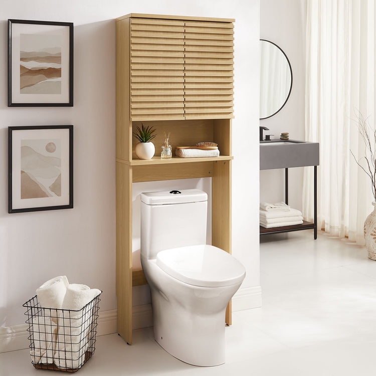 Over The Toilet Storage: Mid Century Modern Slatted Cabinet