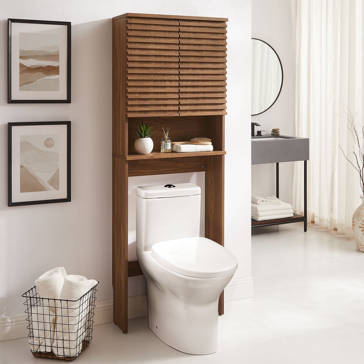 Over The Toilet Storage: Mid Century Walnut Finish with Slatted Doors