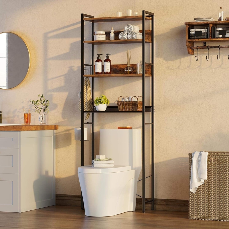 Over The Toilet Storage: Natural Wood Four Tier Shelf with Hooks