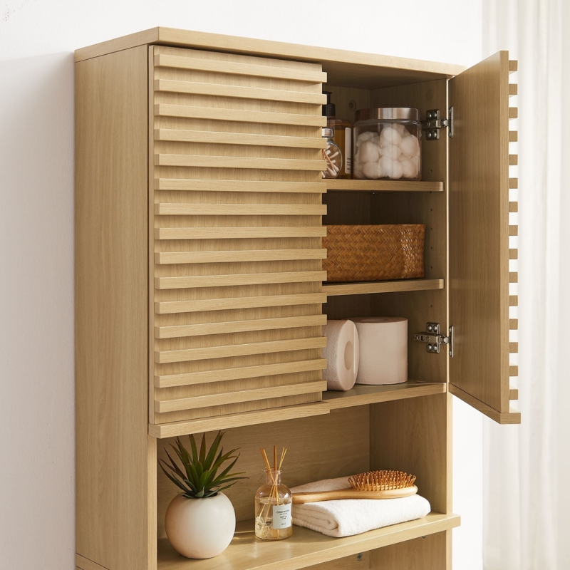 Over The Toilet Storage: Oak Wood Slatted Sliding Door Cabinet