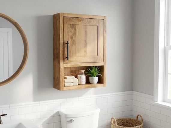 Over The Toilet Storage: Rustic Dark Wood Shaker Cabinet