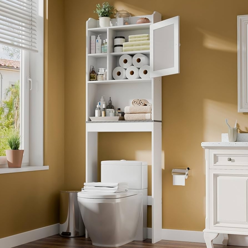 Over The Toilet Storage: White Cabinet with Frosted Glass Doors