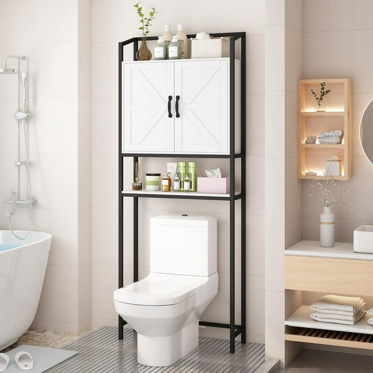 Over The Toilet Storage: White Freestanding with Textured Window Doors