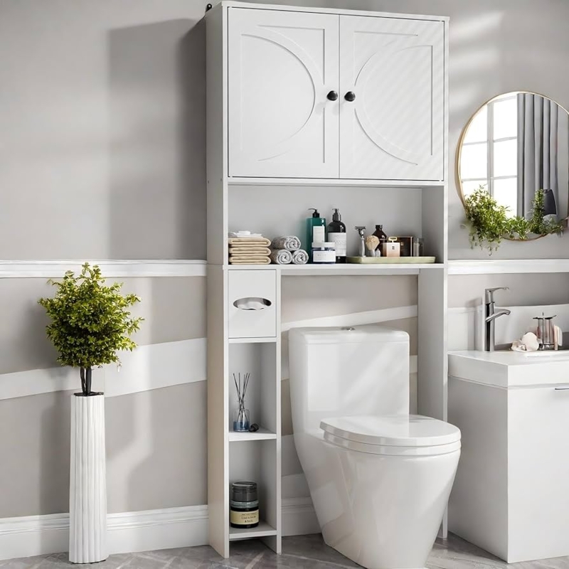 Over The Toilet Storage: White Sliding Barn Door Cabinet with Wood Top