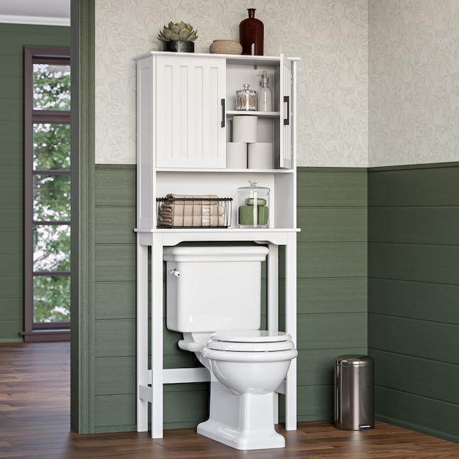 Over-The-Toilet Storage with Louvered Doors and Wood Toned Shelf