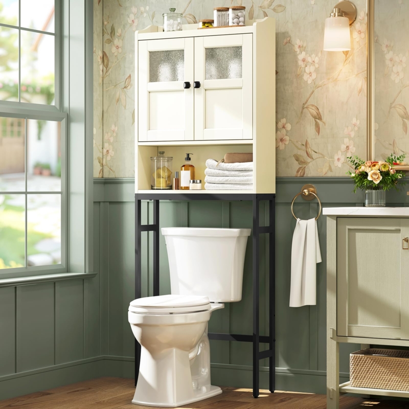 Over Toilet Cabinet Cream White Recessed Panels Transitional Bathroom
