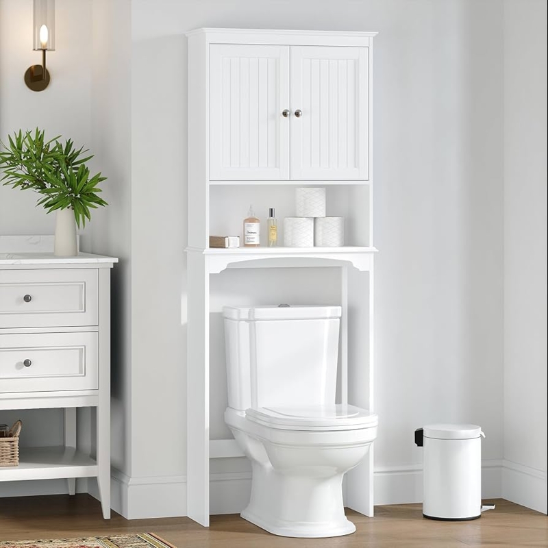 Over Toilet Cabinet White Minimalist Frosted Glass Doors