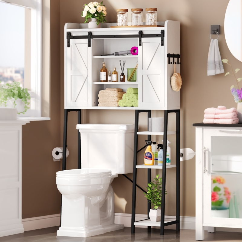 Over Toilet Shelf White Metal Wood Sliding Door Farmhouse Style