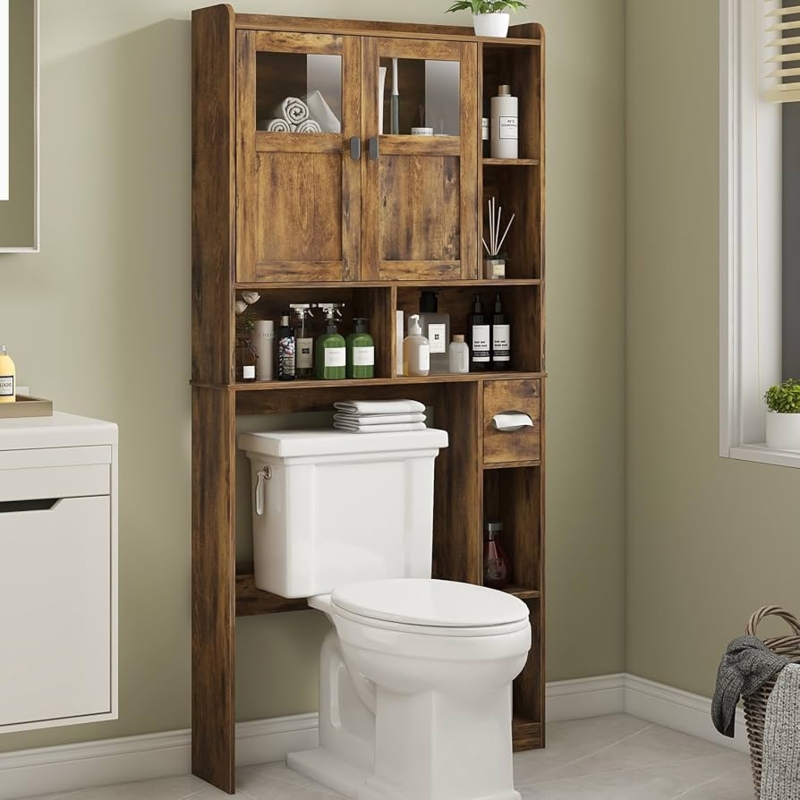 Over Toilet Storage Brown Wood Cabinet Glass Doors Transitional Style