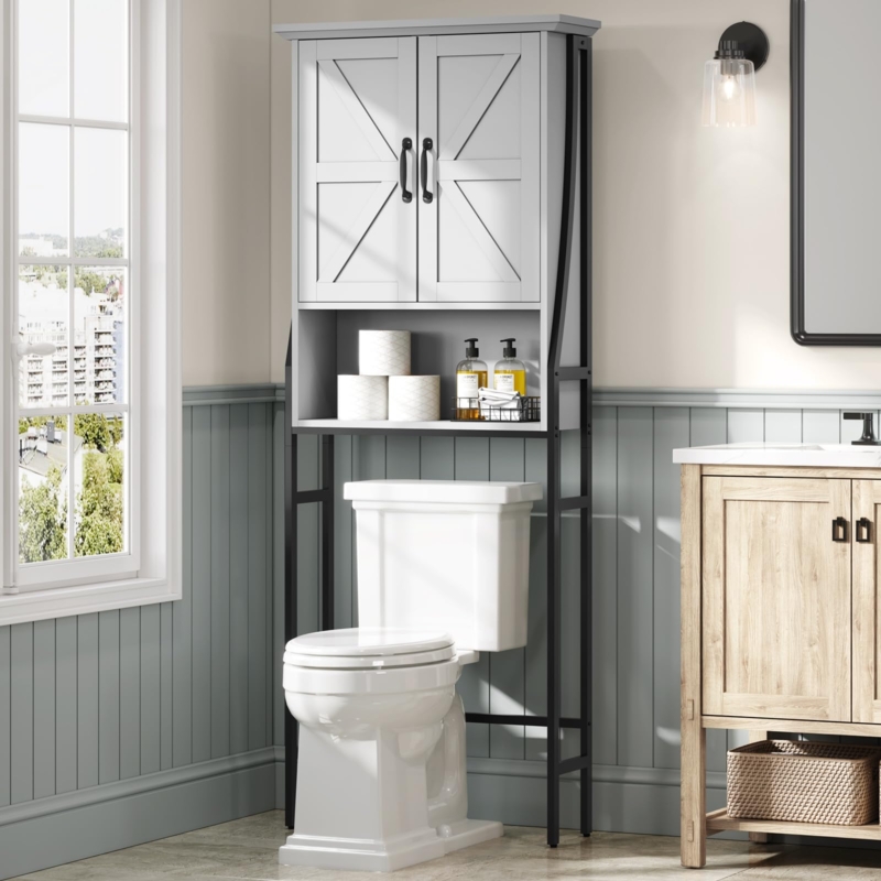 Over Toilet Storage Gray Barn Doors Rustic Bathroom Solution