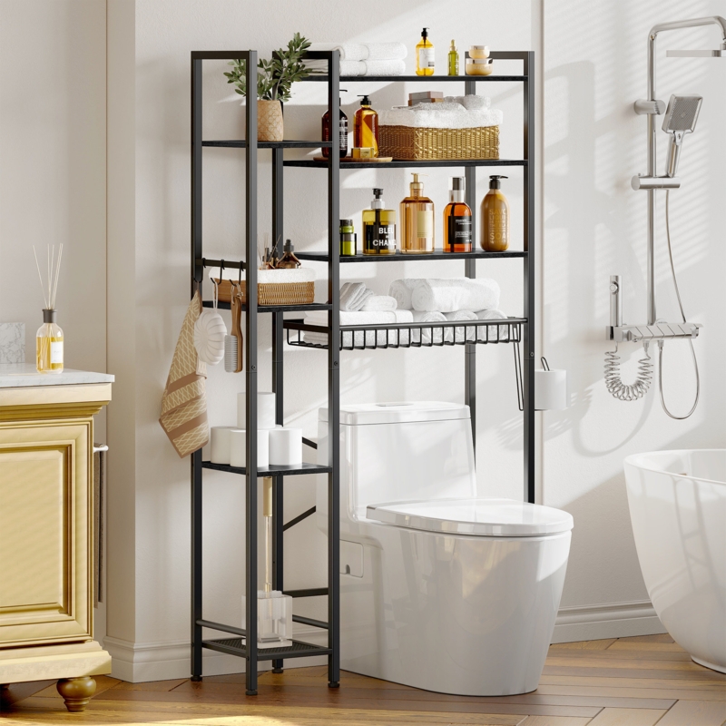 Over Toilet Storage Industrial Black Metal Eight Shelves Asymmetrical