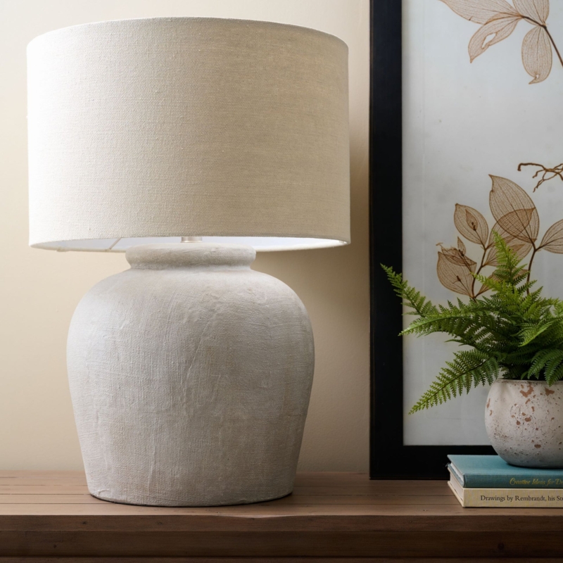 Oversized Cement Table Lamp with Oatmeal Linen Shade