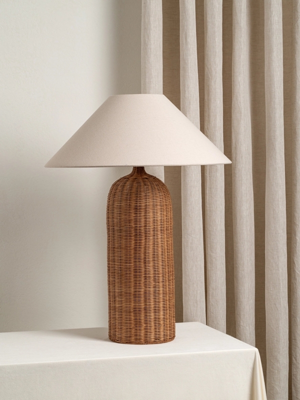 Oversized Rattan Table Lamp with Linen Drum Shade