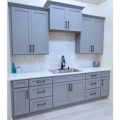 Pacific Gray Shaker Cabinets with Mosaic Tile & Black Hardware