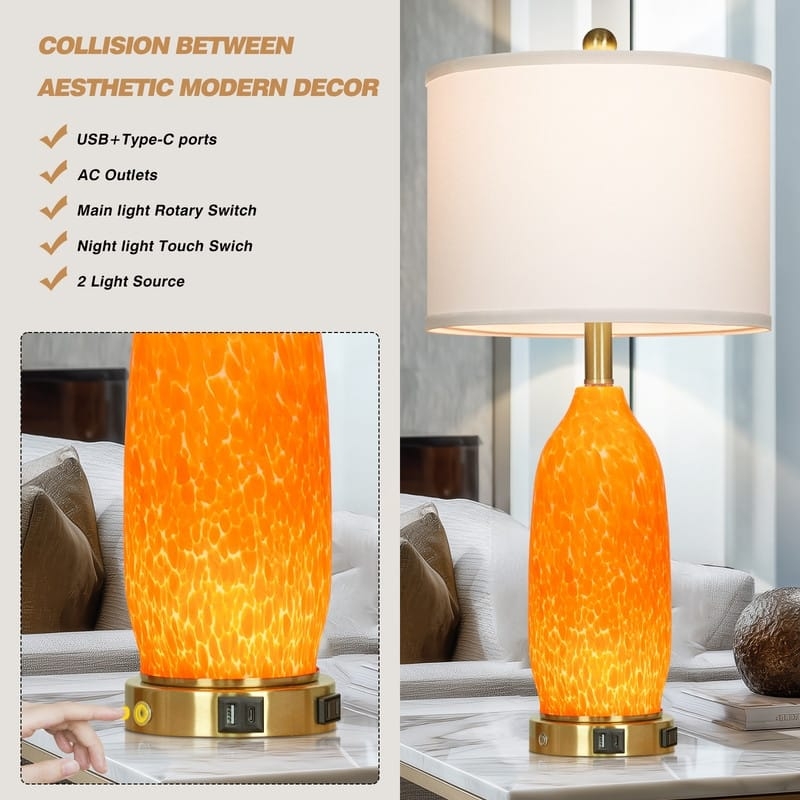 Pair of Orange Glass Table Lamps Spotted Texture Glam Style