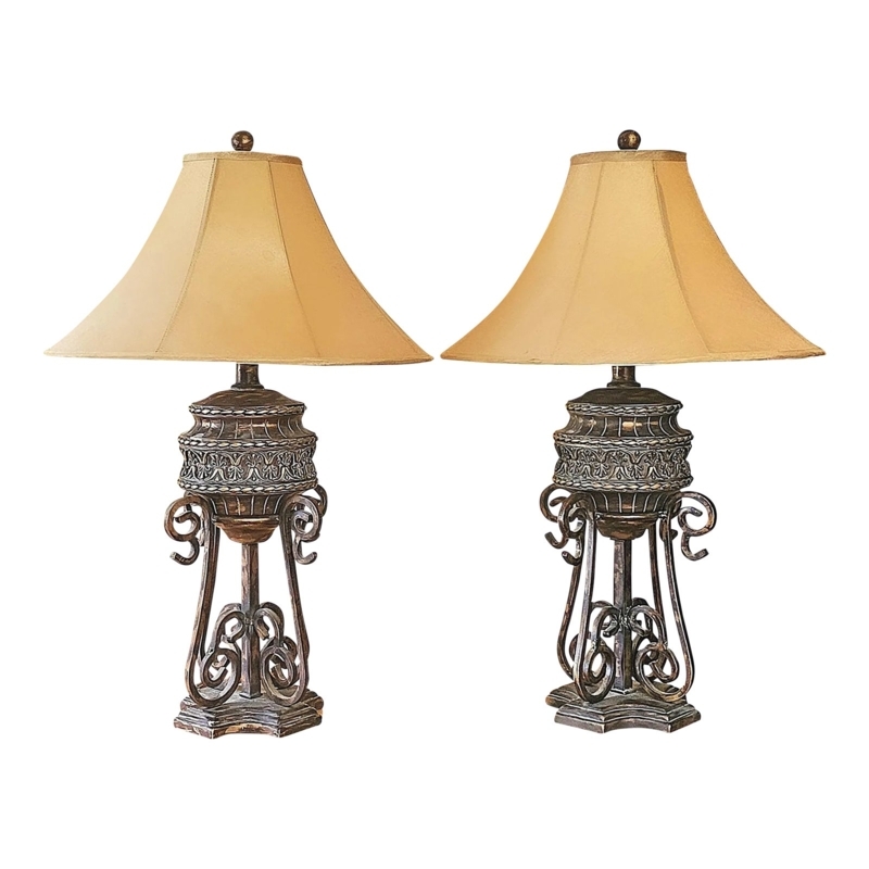 Pair of Ornate Bronze Table Lamps, Scrollwork Tower Bases, Bell Shades.