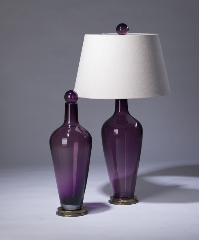 Pair of Purple Glass Lamps on Distressed Brass Bases