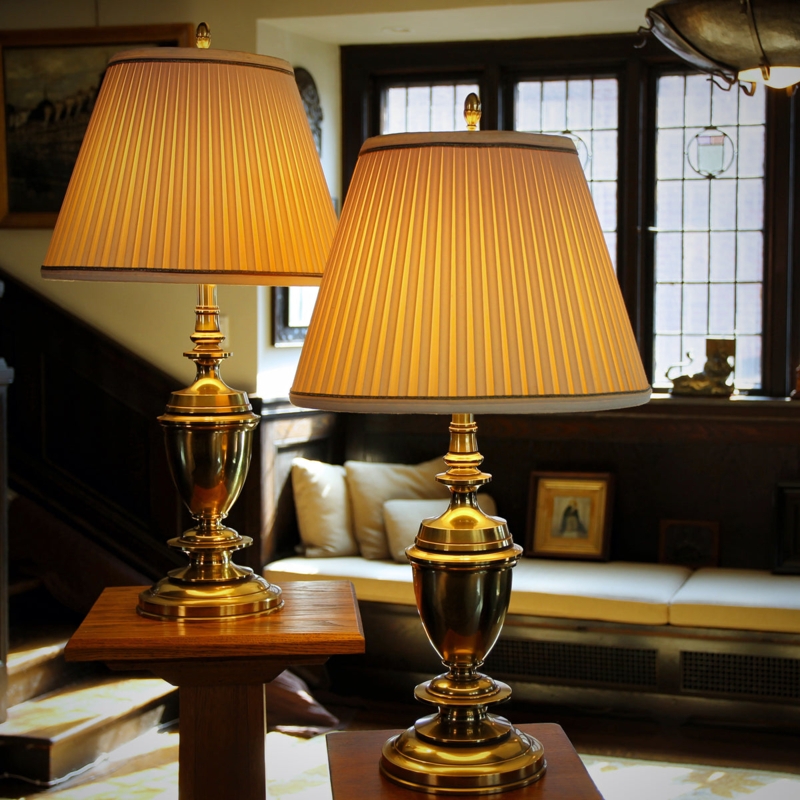 Pair of Table Lamps Polished Brass Balustrade Base Pleated Shade Traditional