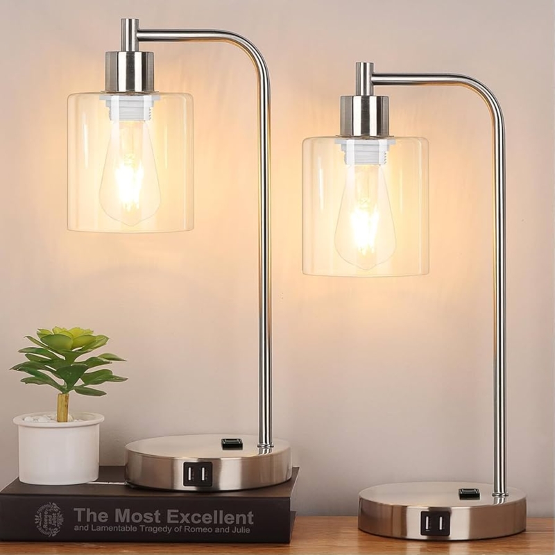 Pair of Table Lamps with Clear Glass Shades and USB Ports